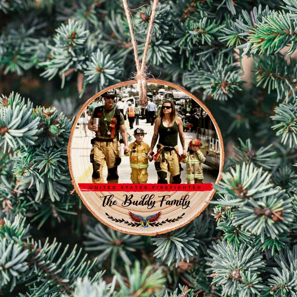 Personalized photo ornament for U.S Firefighter, Christmas wood slice ornament, HN590 - Image 3