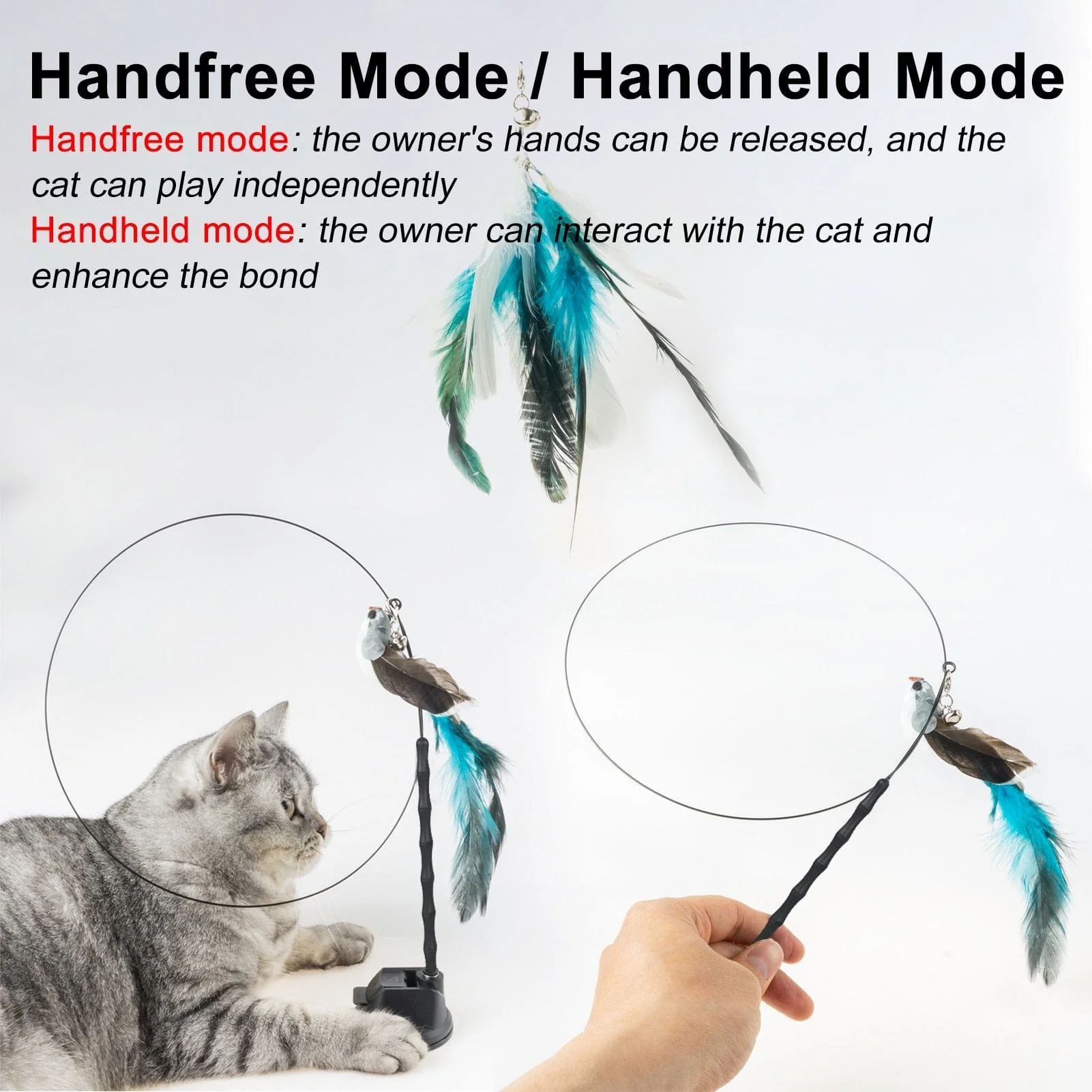Handfree Bird/Feather Cat Wand with Bell Interactive Toys for Cats - Image 3