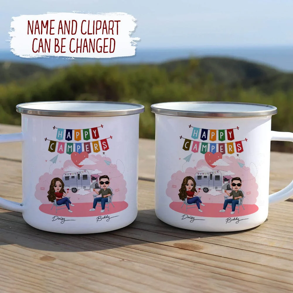 Happy Camper Couple Chibi Camping Mug, Campfire Mug HN590