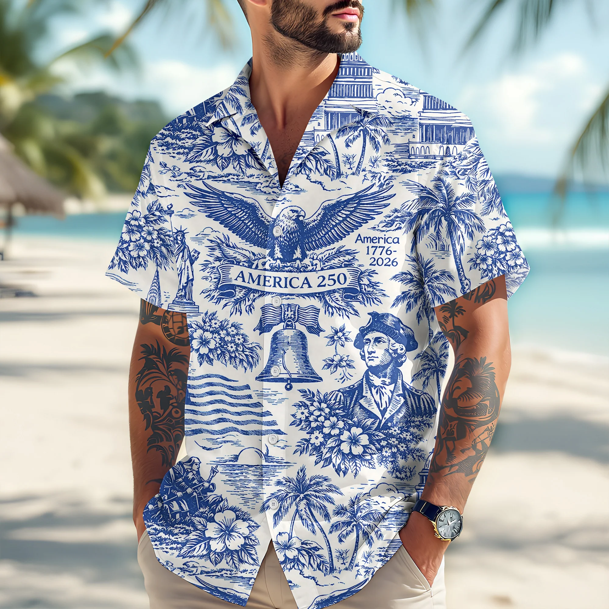 America 250th Anniversary Toile De Jouy Style Patriotic Hawaii Shirt CH07 910402 - Image 3