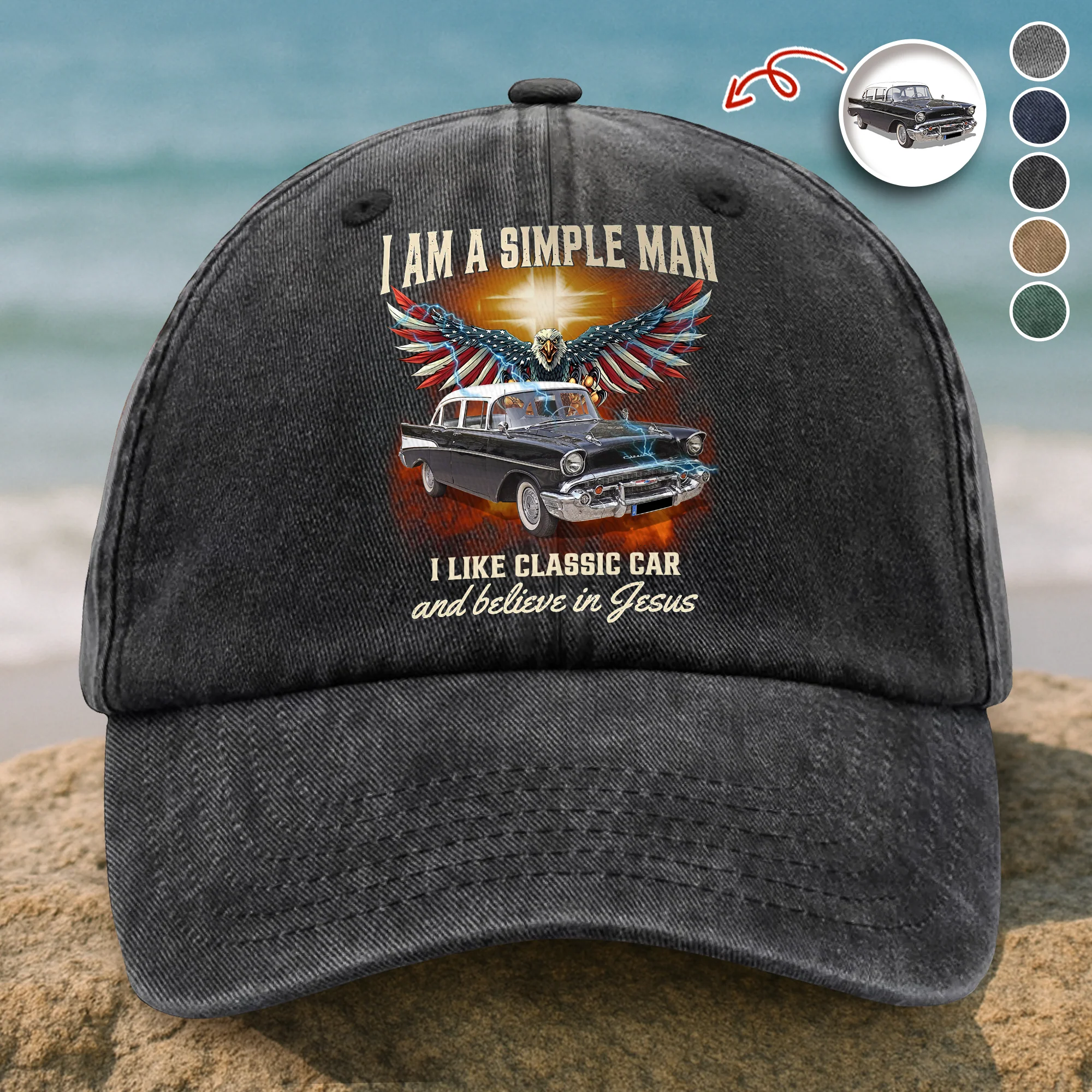 Custom Car Photo I Am A Simple Man Washed Denim Baseball Cap CH07 896386 - Image 2