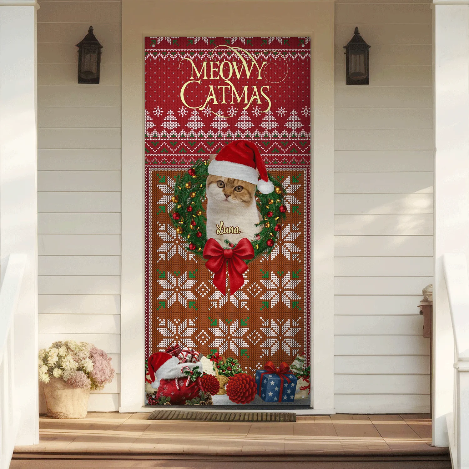 Custom Cat Photo In Wreath Christmas Door Cover Gift For Cat Lovers HO82 900318 - Image 3