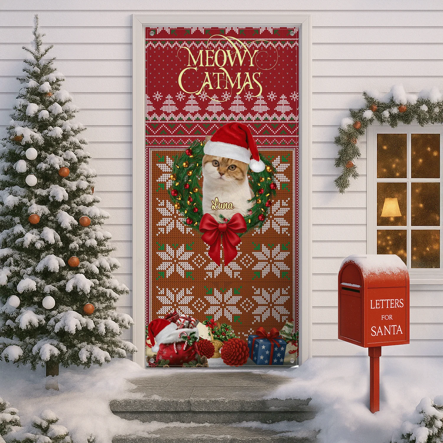 Custom Cat Photo In Wreath Christmas Door Cover Gift For Cat Lovers HO82 900318 - Image 4