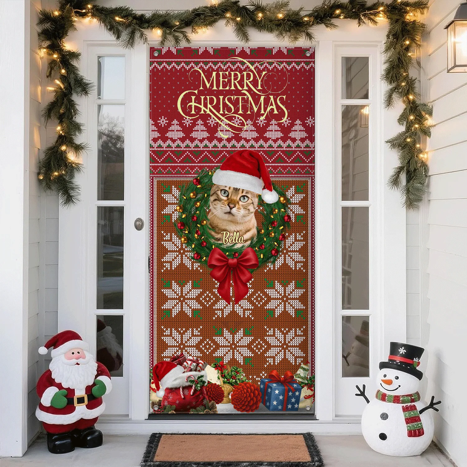 Custom Cat Photo In Wreath Christmas Door Cover Gift For Cat Lovers HO82 900318 - Image 5