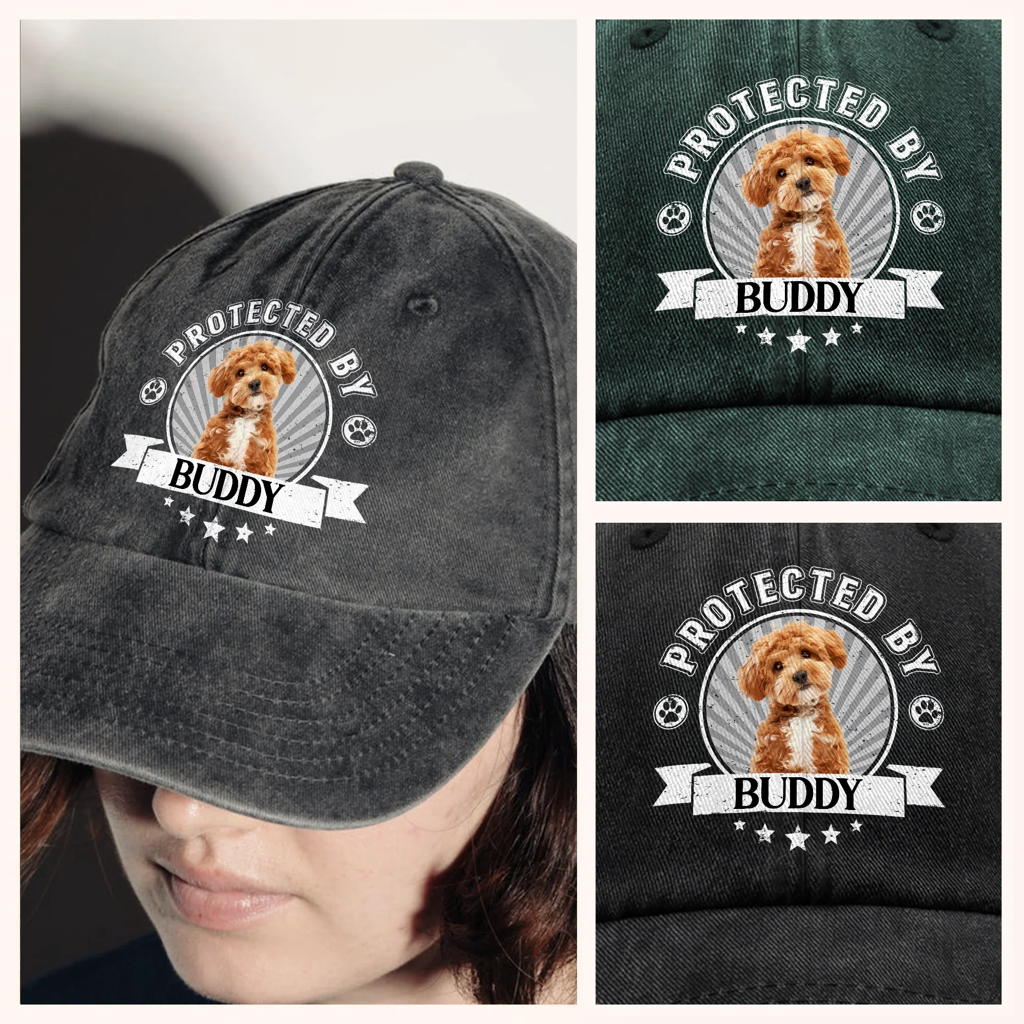 Custom Dog Photo Protected By Human Washed Denim Baseball Cap For Dog Lovers LM32 895025 - Image 6