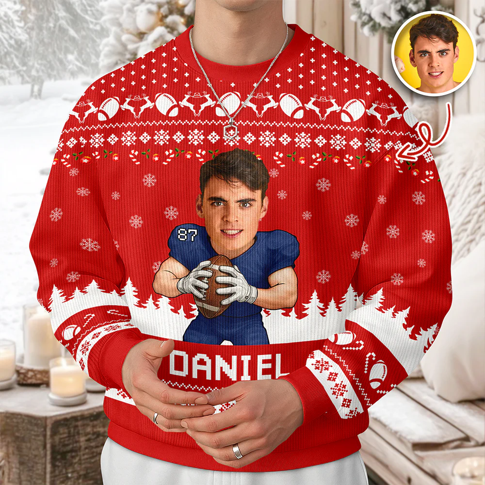 Custom Photo American Football Player Ugly Sweater Christmas Gift For Football Lovers CH07 899672 - Image 5