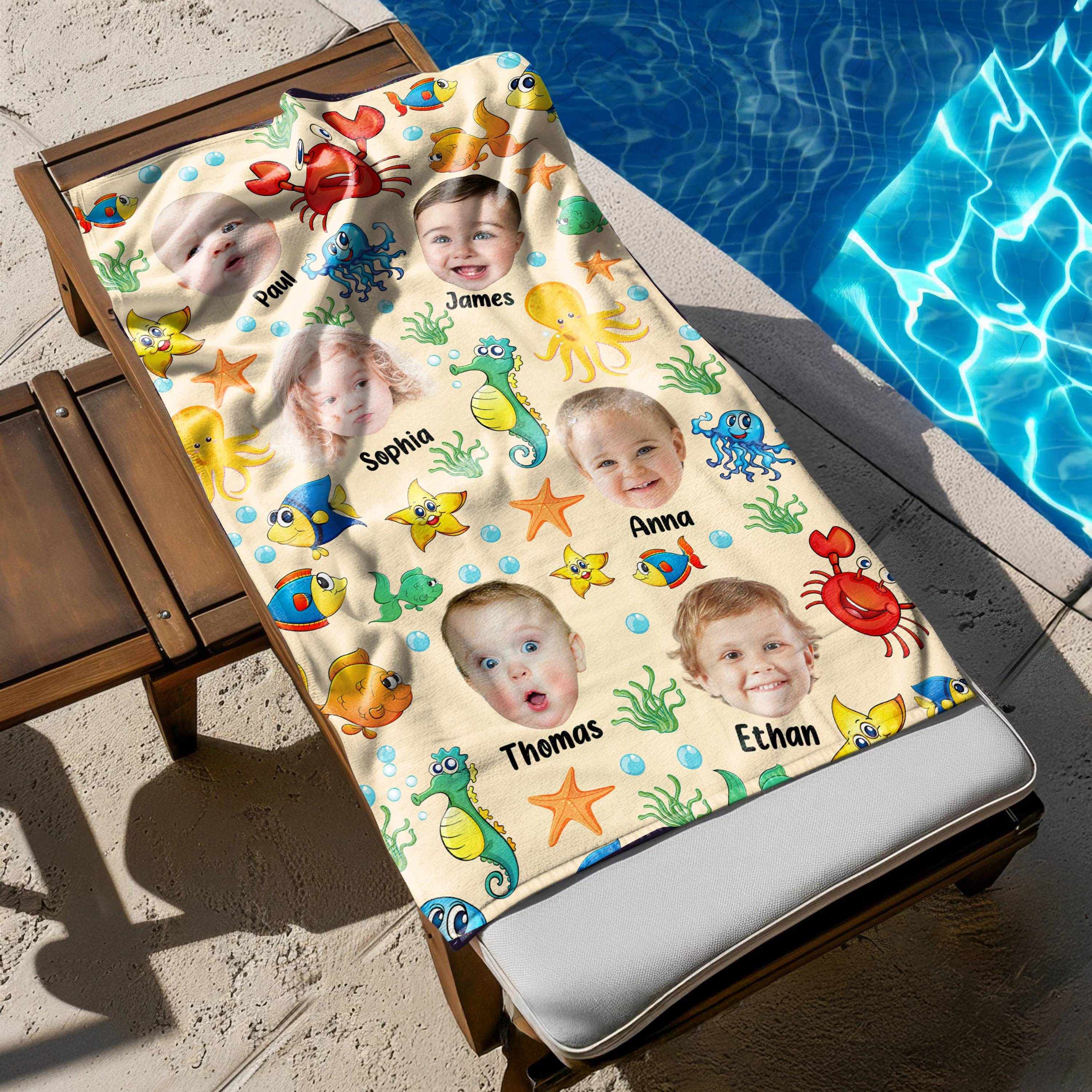 Custom Photo Cute Kid Face Watercolor Sea Creatures Summery Beach Towels CH07 895818 - Image 5