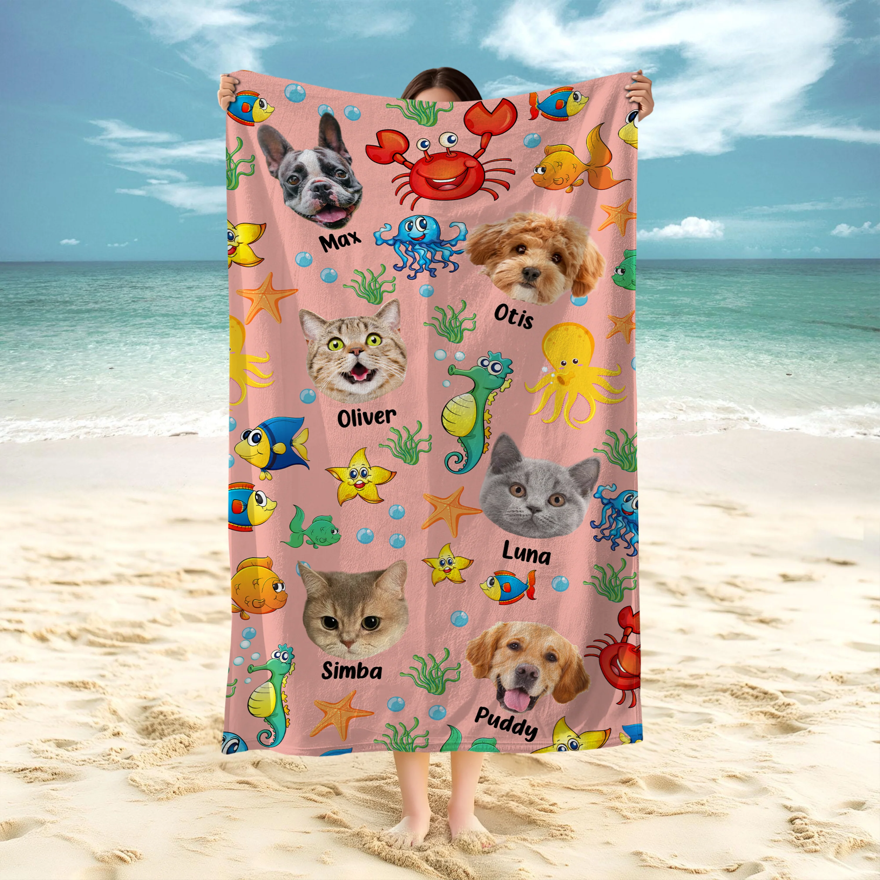 Custom Photo Cute Pet Face Watercolor Sea Creatures Summery Beach Towels CH07 896040 - Image 2