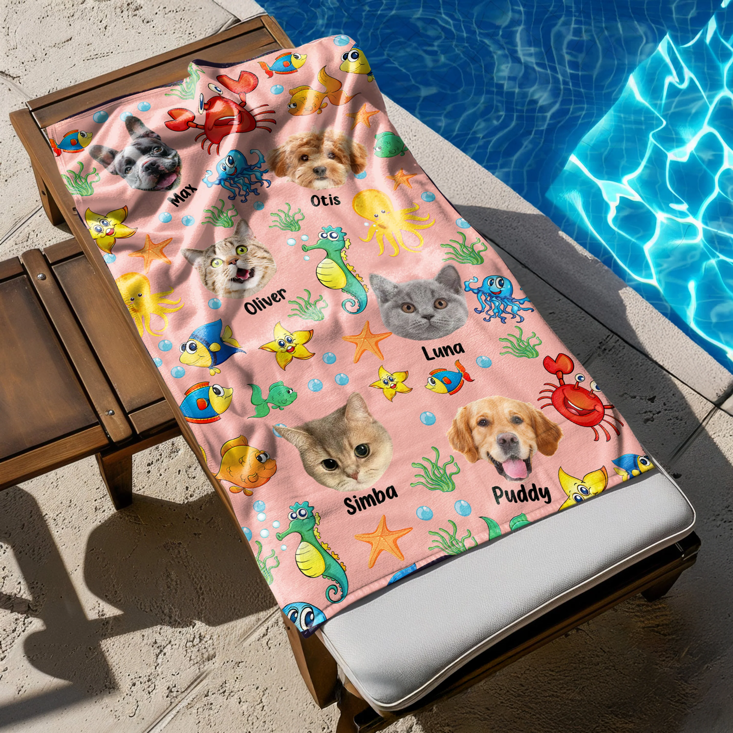 Custom Photo Cute Pet Face Watercolor Sea Creatures Summery Beach Towels CH07 896040 - Image 6