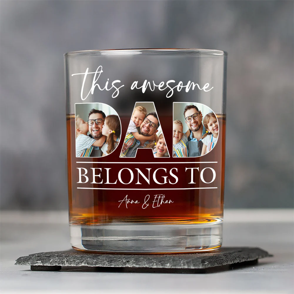 Custom Photo This Awesome Dad Belongs To Whiskey Glass For Father's Day LM32 893649 - Image 2