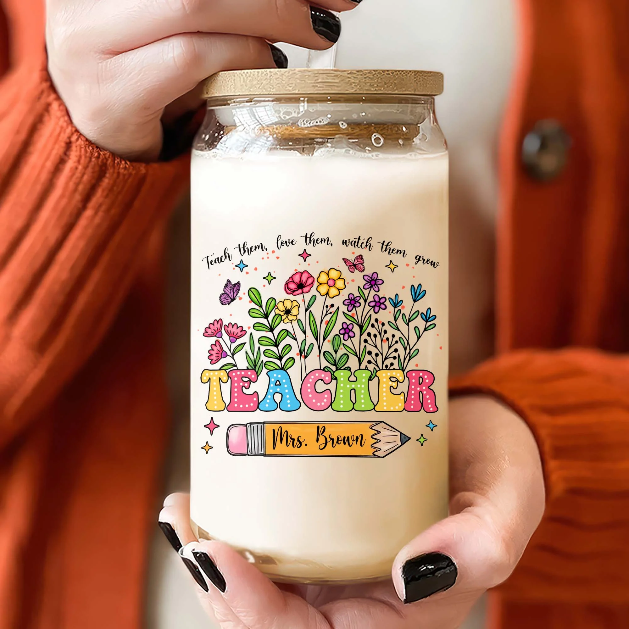 Personalized Glass Can With Lid Teacher Appreciation Gift, Back To School Gift CH07 896158 - Image 5