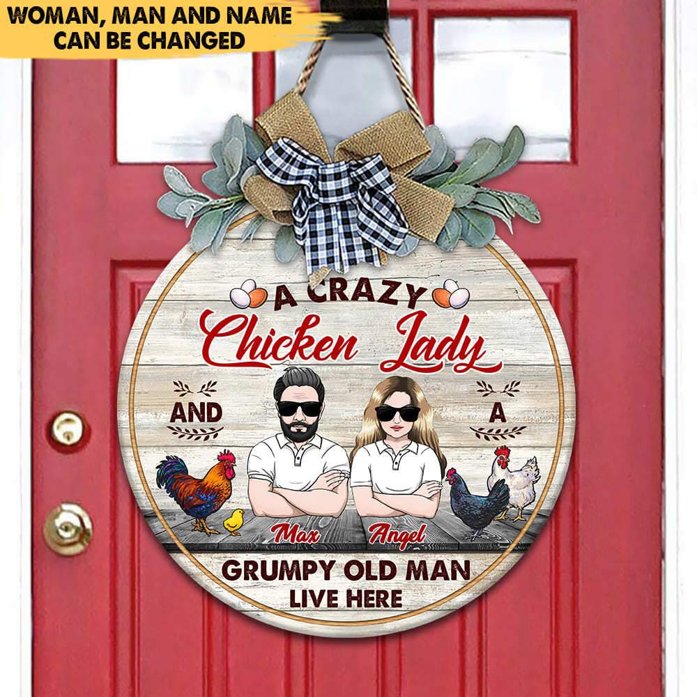 Crazy Chicken Lady & Grumpy Old Man Flower Door Hanger, Wooden Door Sign With Wreath, Chicken Lover Gift, HN590 - Image 2