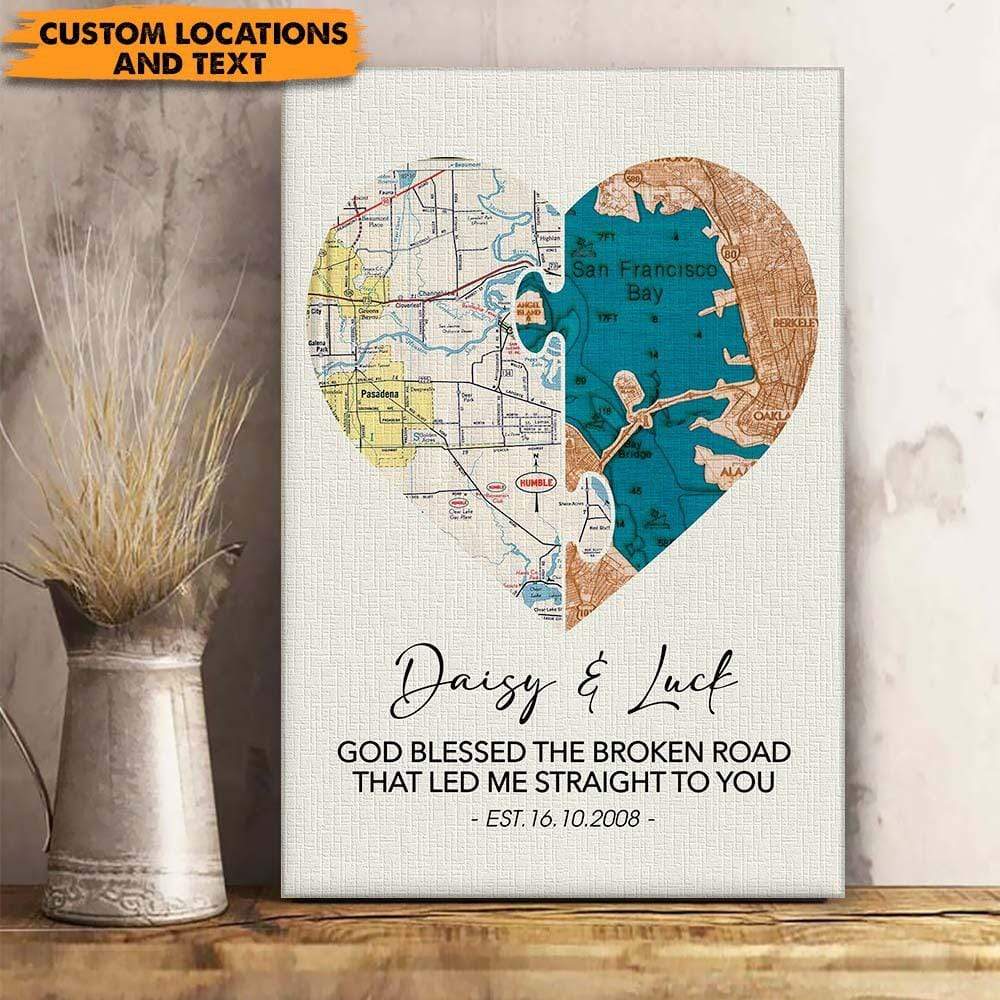 Custom Locations Heart Map For Couple Valentine Canvas HN590