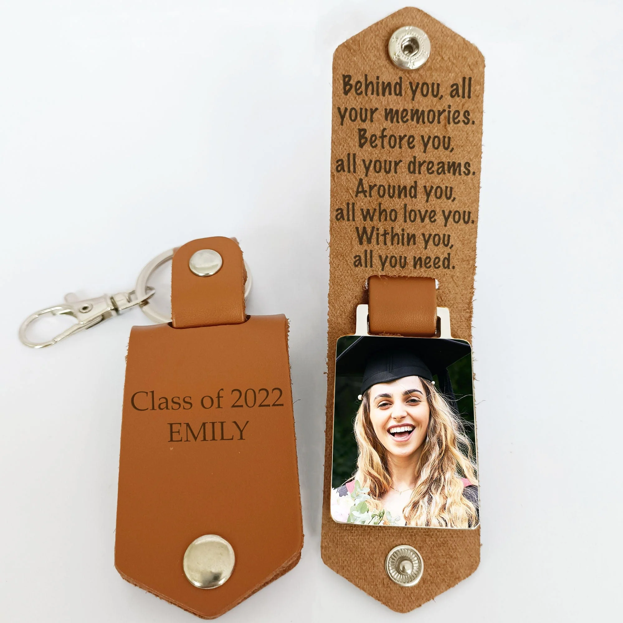Inspirational Behind You All Your Memories Graduation Vintage Leather Photo Keychain C256