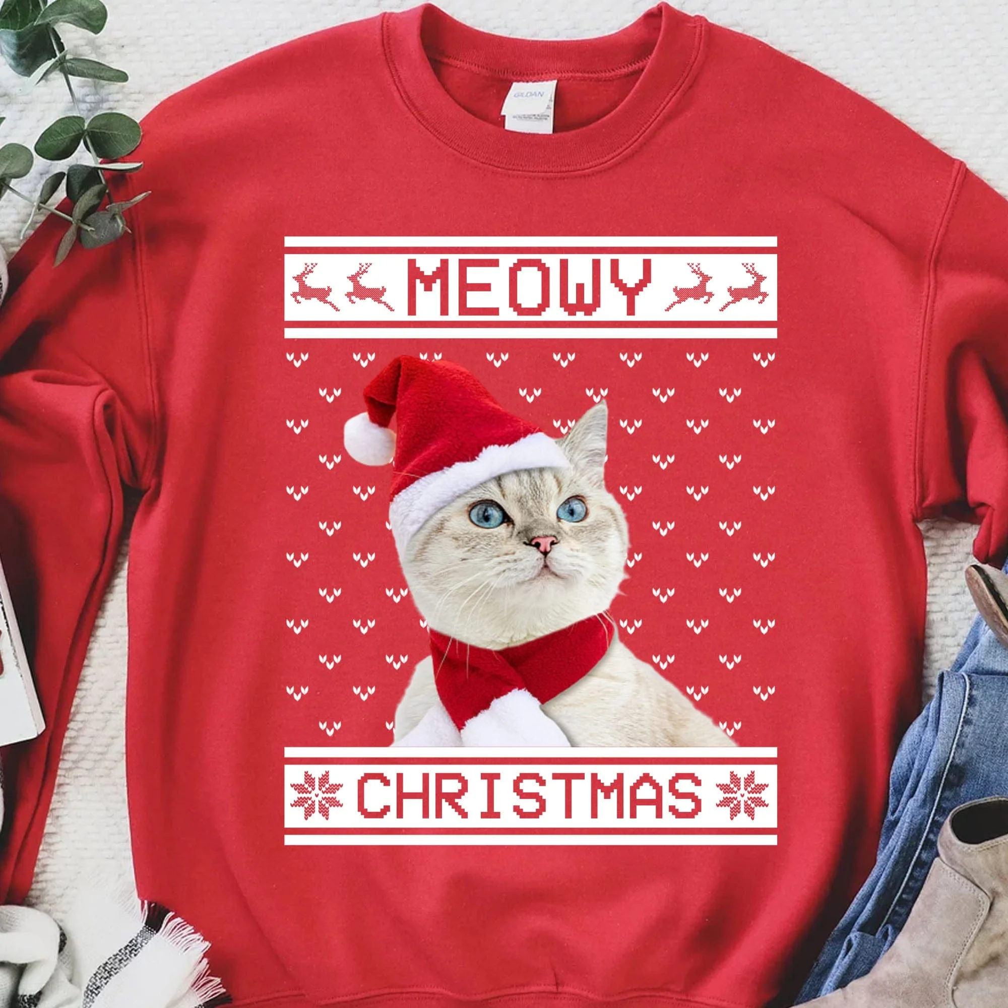 Meowy Christmas Personalized Custom Photo Cat Sweatshirt, Cat Lover Sweater Christmas C475 891659