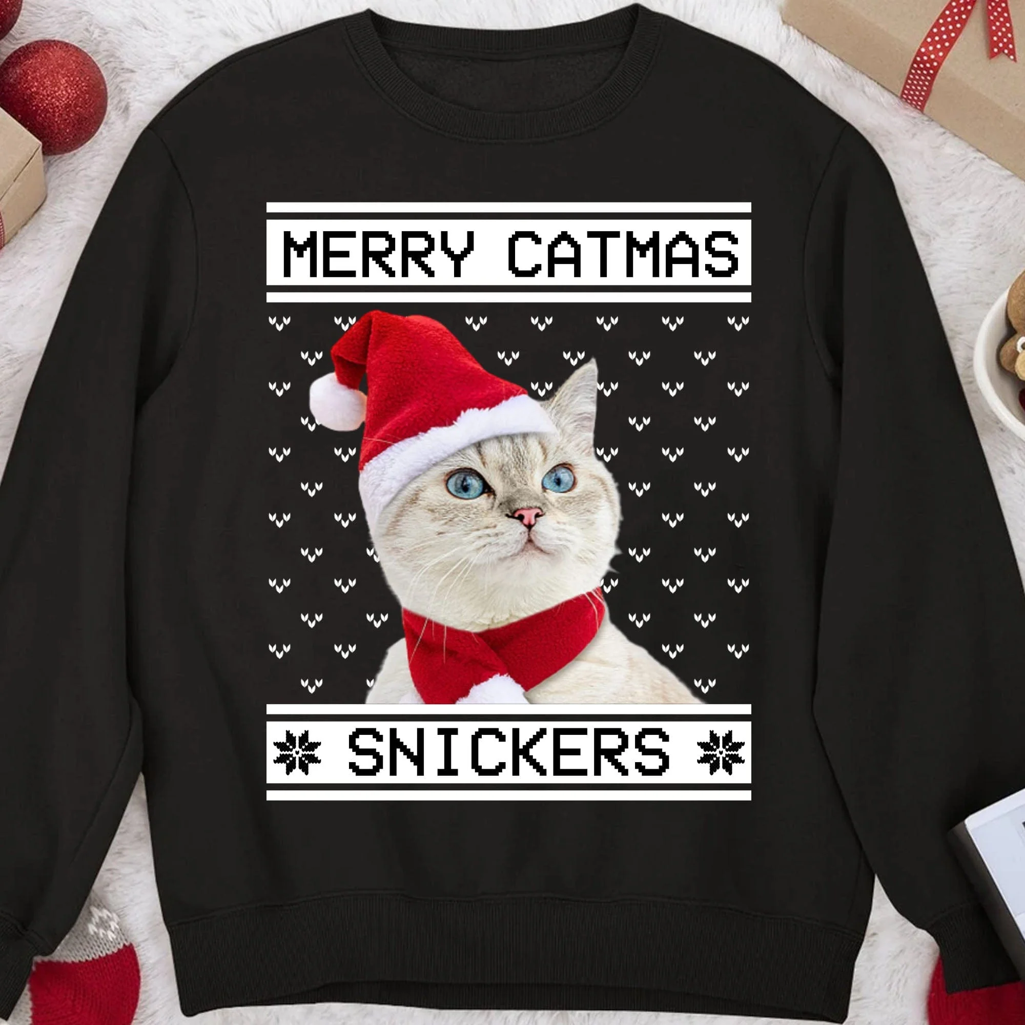 Merry Catmas Personalized Custom Photo Cat Sweatshirt, Cat Lover Sweater Christmas C476