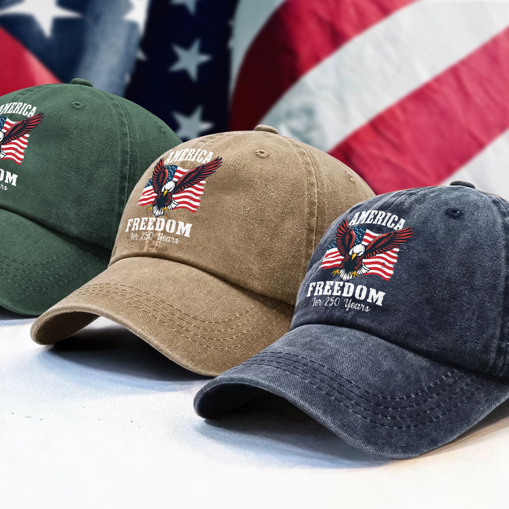 250 Years of Freedom America Patriotic Eagle Flag Washed Denim Baseball Cap HA75 897346 - Image 3