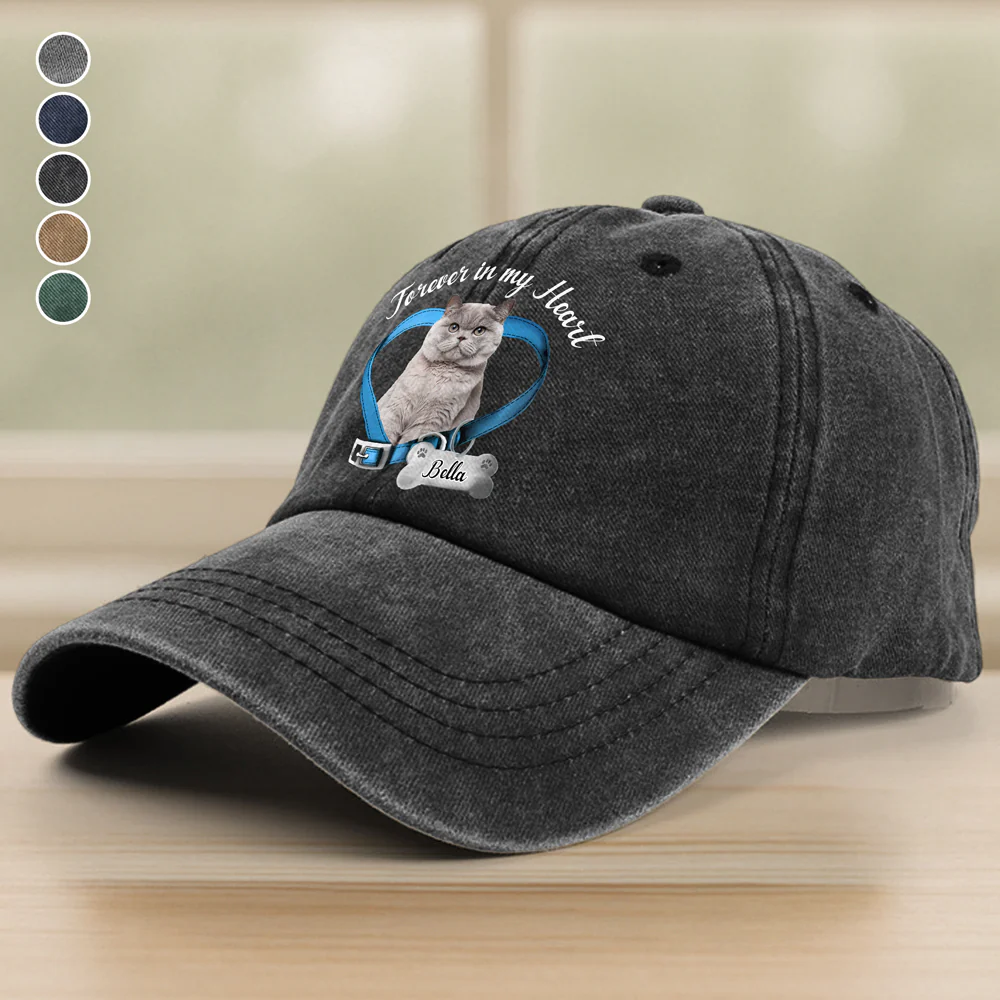 Custom Cat Photo Forever In My Heart Memorial Washed Denim Baseball Cap HA75 897224 - Image 2