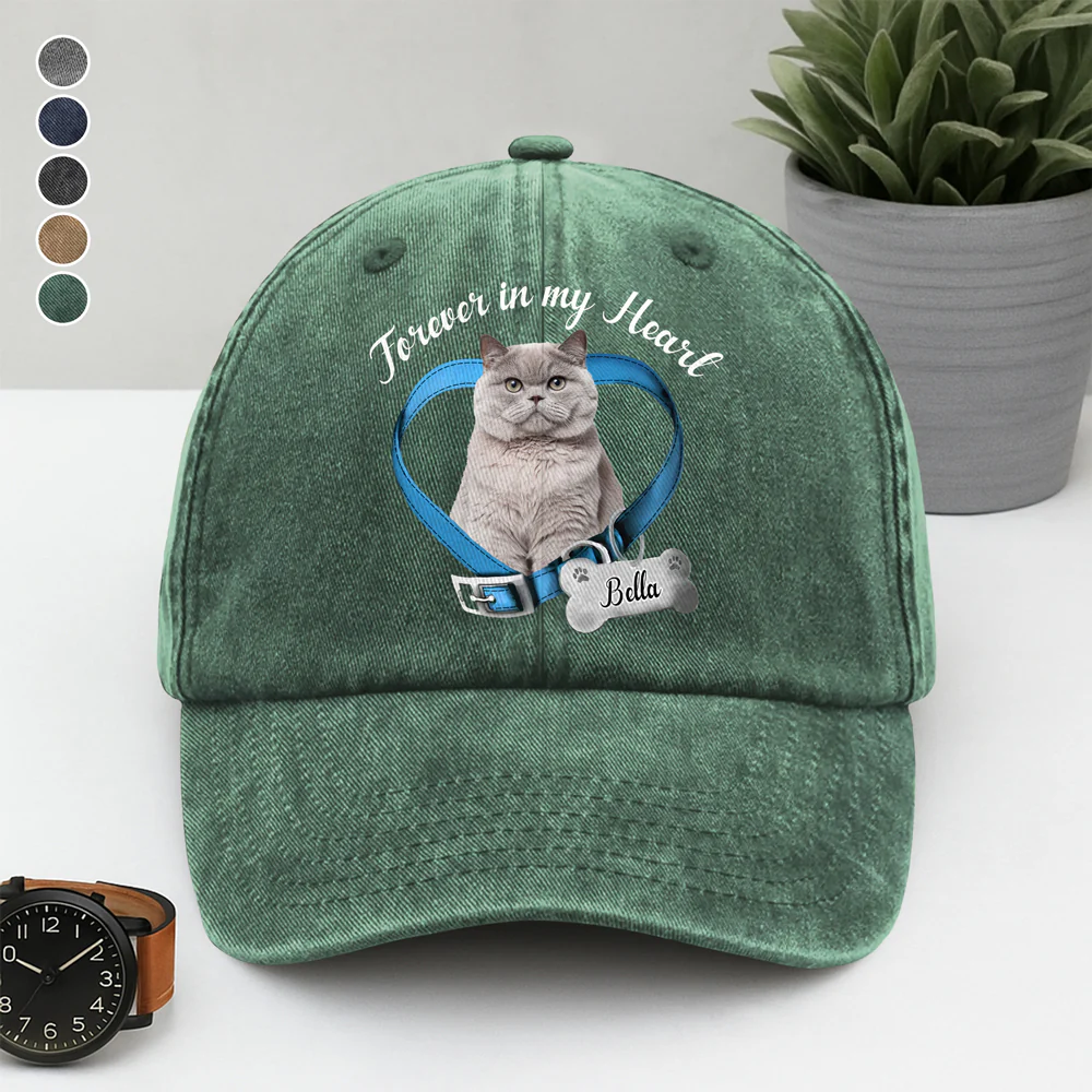 Custom Cat Photo Forever In My Heart Memorial Washed Denim Baseball Cap HA75 897224 - Image 3