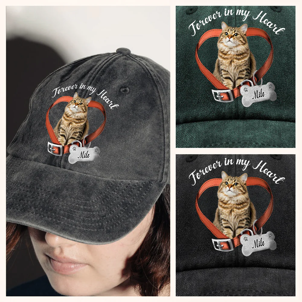Custom Cat Photo Forever In My Heart Memorial Washed Denim Baseball Cap HA75 897224 - Image 4