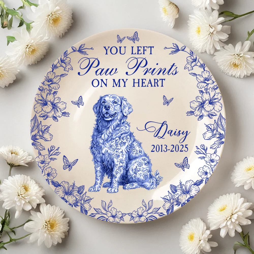 Custom Dog Breeds You Left Paw Prints On My Heart Chinoiserie Toile De Jouy Style Personalized Memorial Ceramic Plate HA75 892652 - Image 2