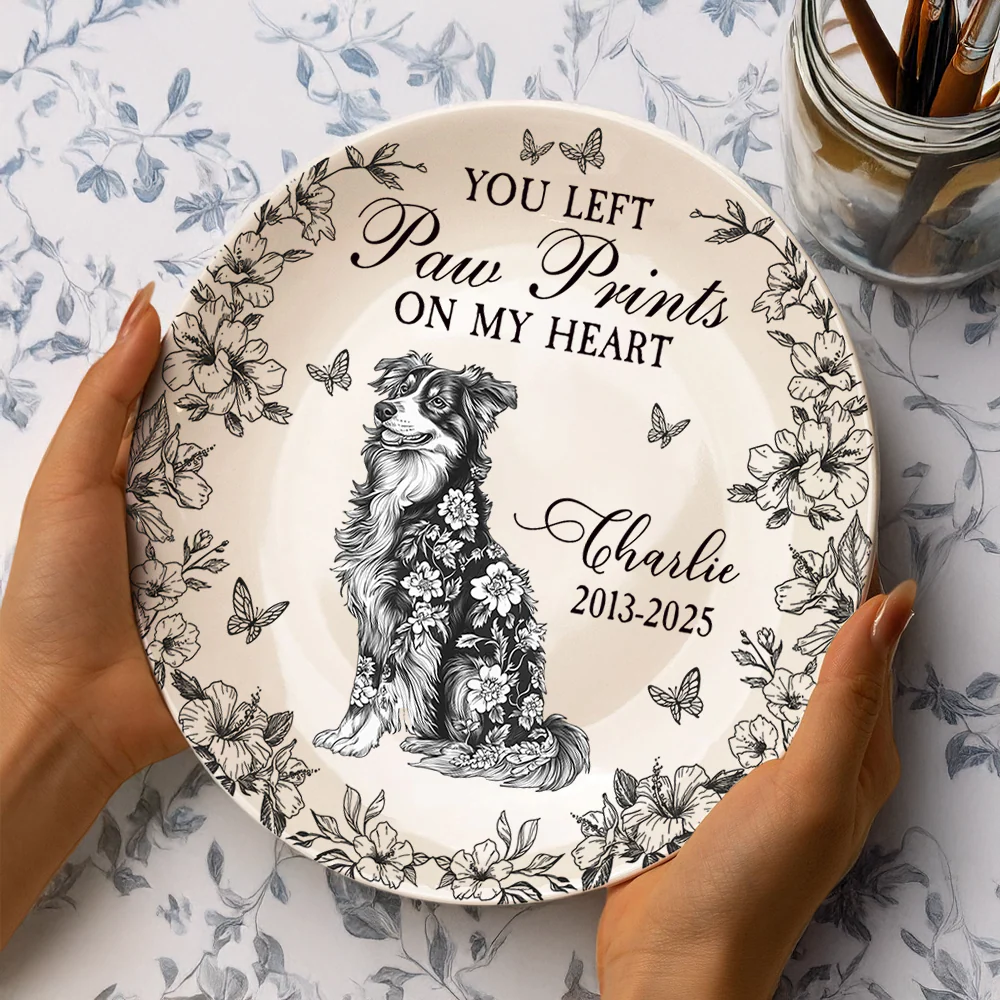 Custom Dog Breeds You Left Paw Prints On My Heart Chinoiserie Toile De Jouy Style Personalized Memorial Ceramic Plate HA75 892652 - Image 4