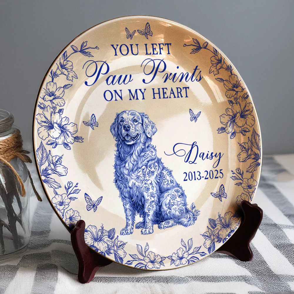 Custom Dog Breeds You Left Paw Prints On My Heart Chinoiserie Toile De Jouy Style Personalized Memorial Ceramic Plate HA75 892652 - Image 5