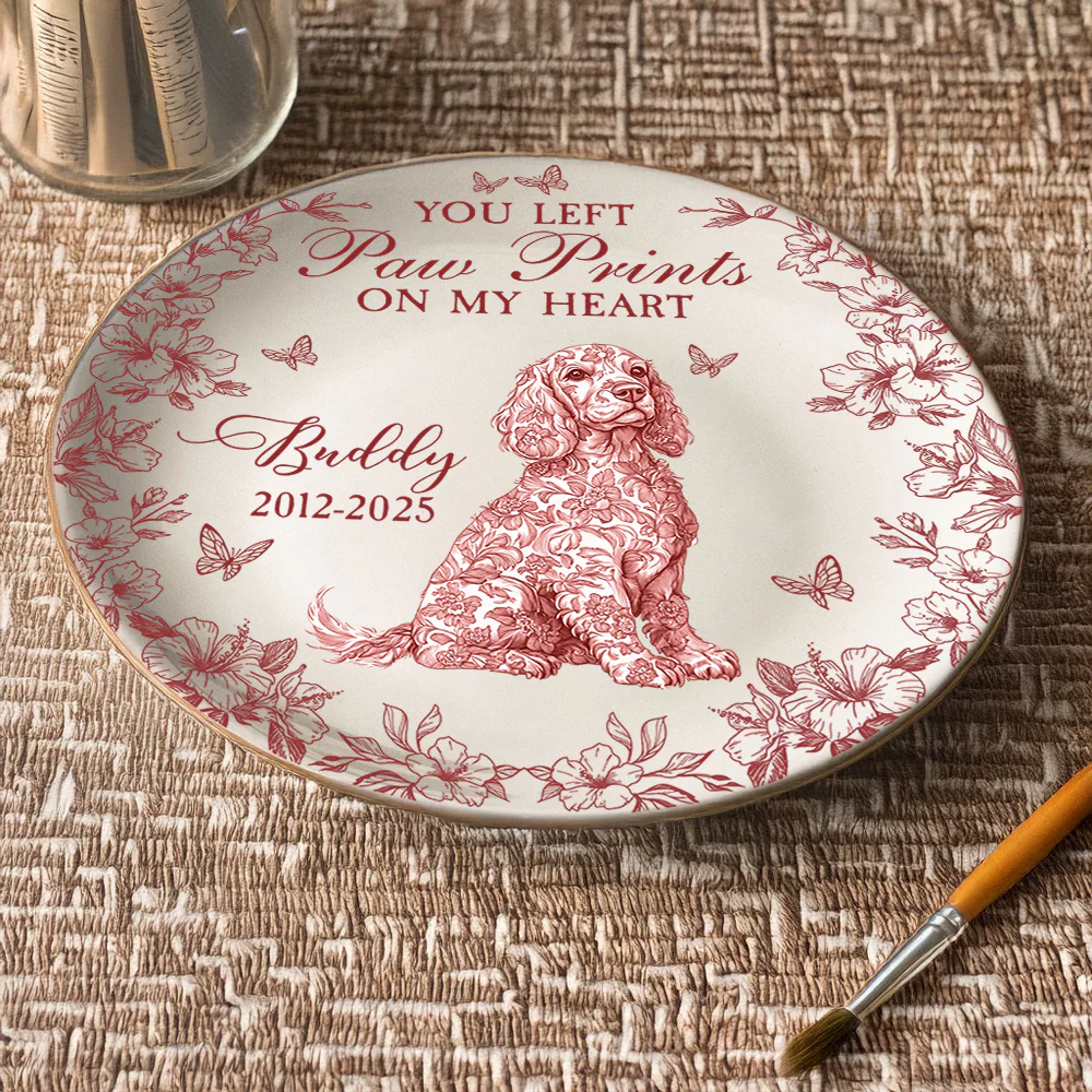 Custom Dog Breeds You Left Paw Prints On My Heart Chinoiserie Toile De Jouy Style Personalized Memorial Ceramic Plate HA75 892652 - Image 6