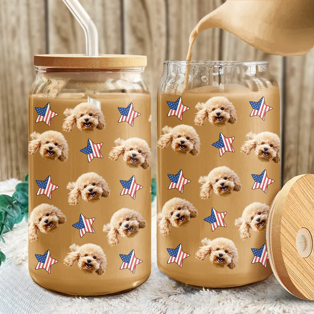 Custom Dog Cat Pet Photo With Icon US Flag Glass Can With Lid Gift for Pet Lovers HA75 920330 - Image 2