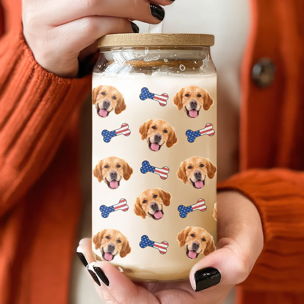 Custom Dog Cat Pet Photo With Icon US Flag Glass Can With Lid Gift for Pet Lovers HA75 920330 - Image 4