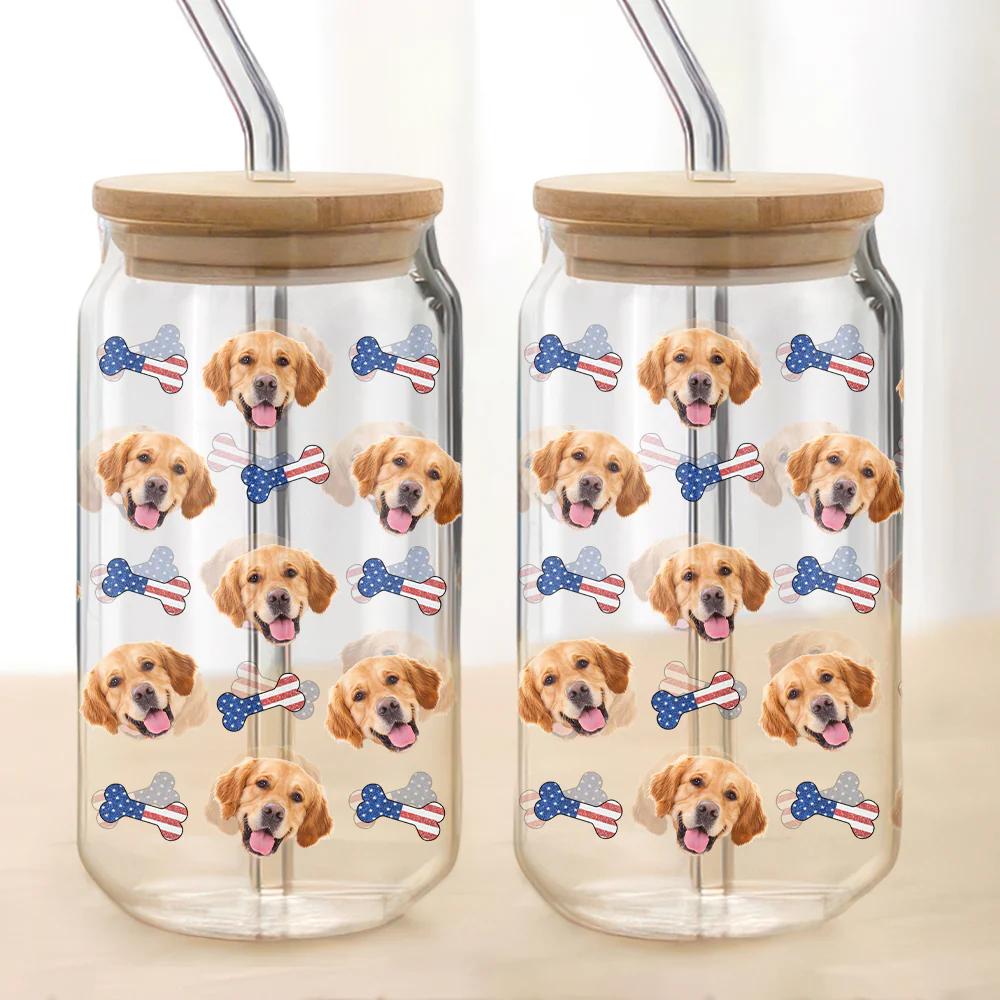 Custom Dog Cat Pet Photo With Icon US Flag Glass Can With Lid Gift for Pet Lovers HA75 920330 - Image 5