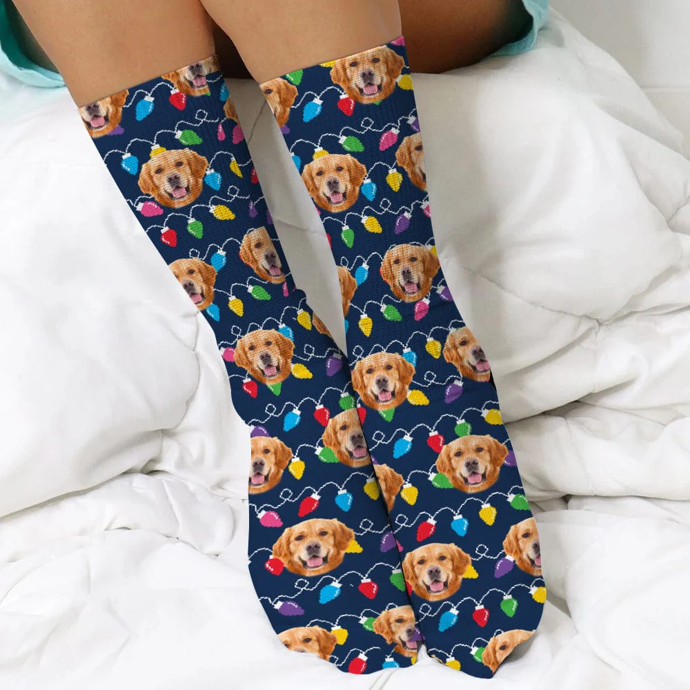 Custom Dog, Cat Photo With Colorful Christmas Lights Socks HA75 891404 - Image 2