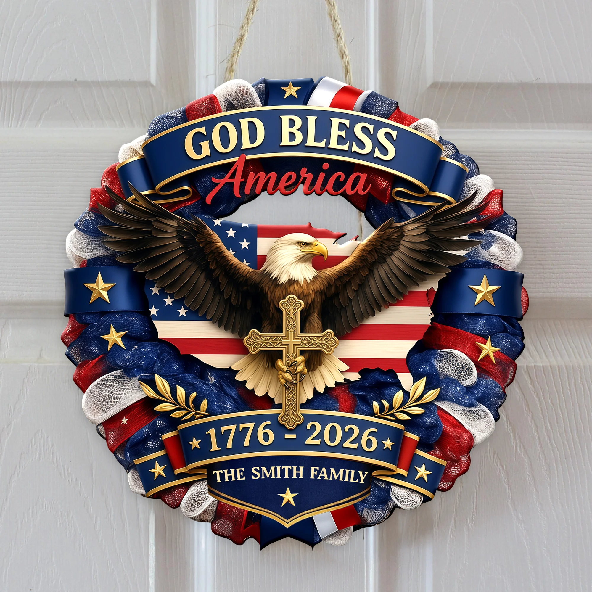 Custom Family Name Patriotic 250th Anniversary God Bless America Eagle 1776–2026 Door Sign HA75 920758 - Image 2