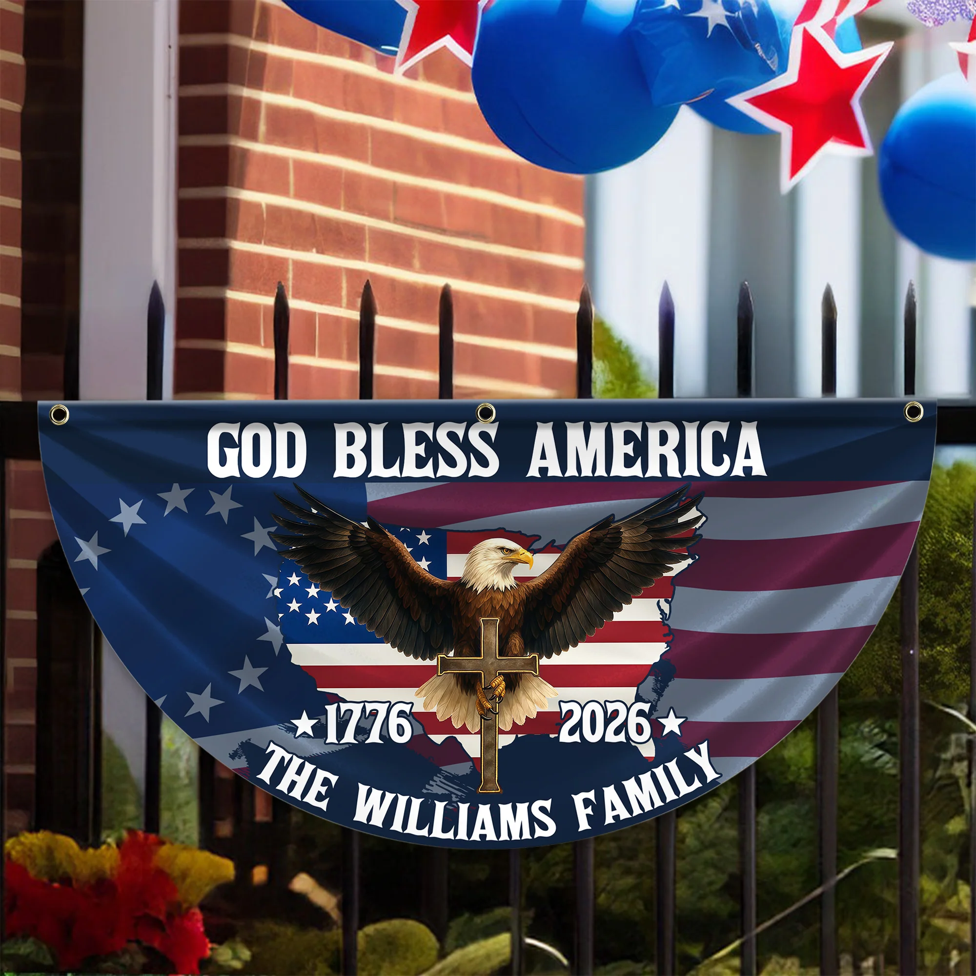 Custom Family Name Patriotic 250th Anniversary God Bless America Eagle 1776–2026 Non-Pleated Fan Flag HA75 920118 - Image 2
