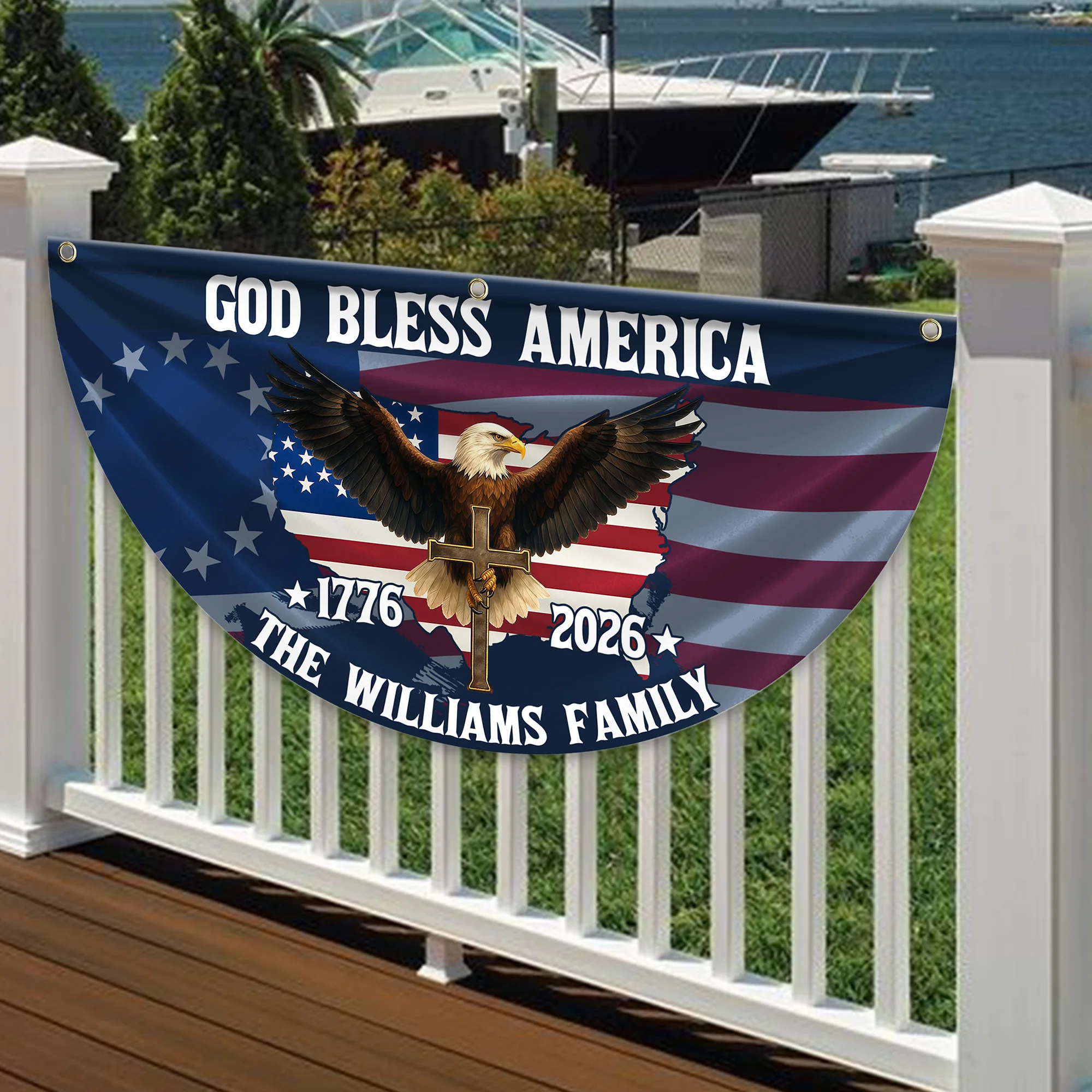 Custom Family Name Patriotic 250th Anniversary God Bless America Eagle 1776–2026 Non-Pleated Fan Flag HA75 920118 - Image 4
