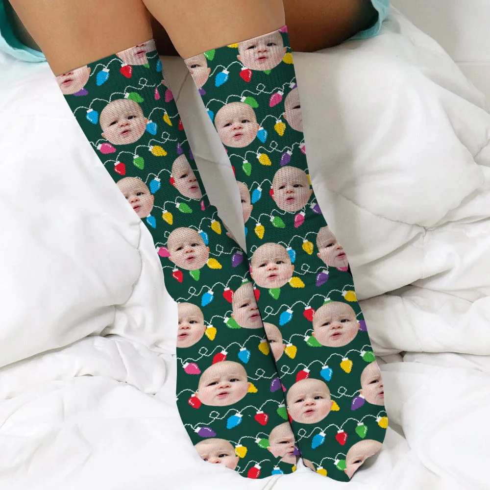 Custom Family Photo With Colorful Christmas Lights Socks HA75 891402 - Image 2