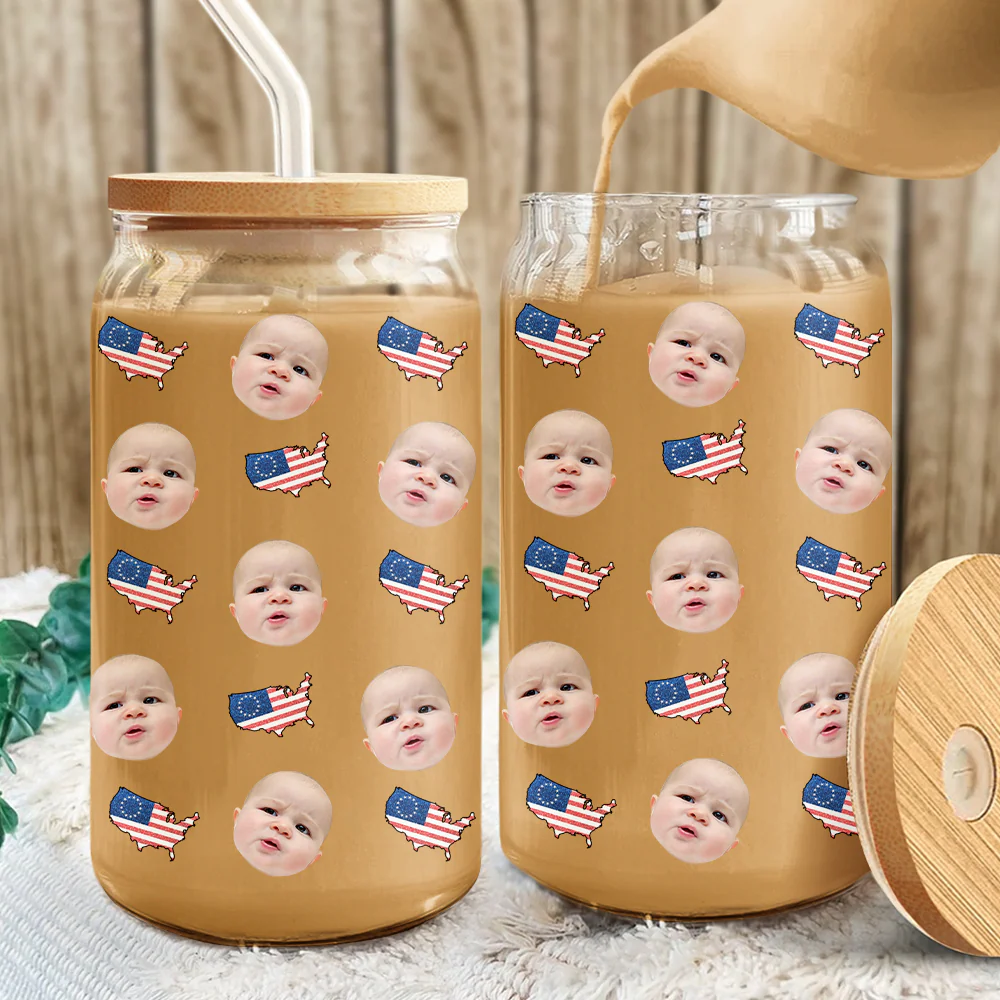 Custom Human Face With Icon US Flag Glass Can With Lid Family Gift HA75 920358 - Image 8