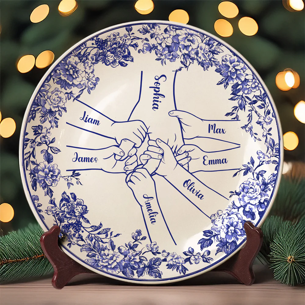 Custom Name Hands in Hands with Mama Chinoiserie Toile De Jouy Style Personalized Ceramic Plate HA75 892654 - Image 2