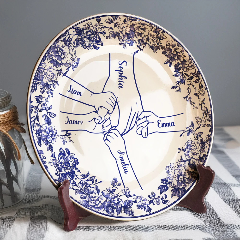 Custom Name Hands in Hands with Mama Chinoiserie Toile De Jouy Style Personalized Ceramic Plate HA75 892654 - Image 3
