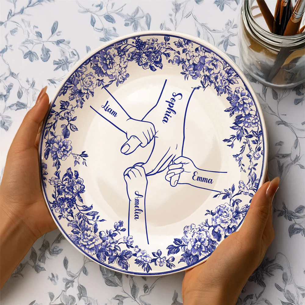Custom Name Hands in Hands with Mama Chinoiserie Toile De Jouy Style Personalized Ceramic Plate HA75 892654 - Image 4