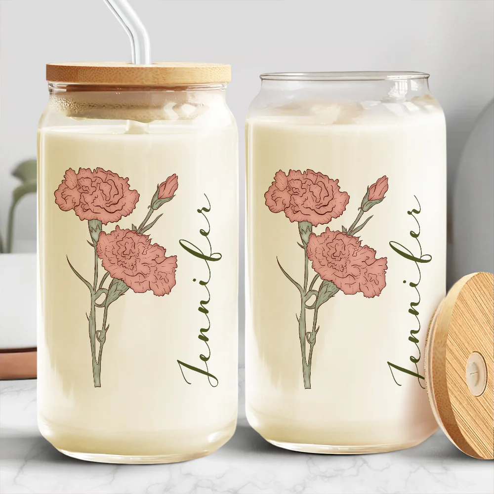 Custom Name With Floral Glass Can With Lid Personalized Gift HA75 892010 - Image 2