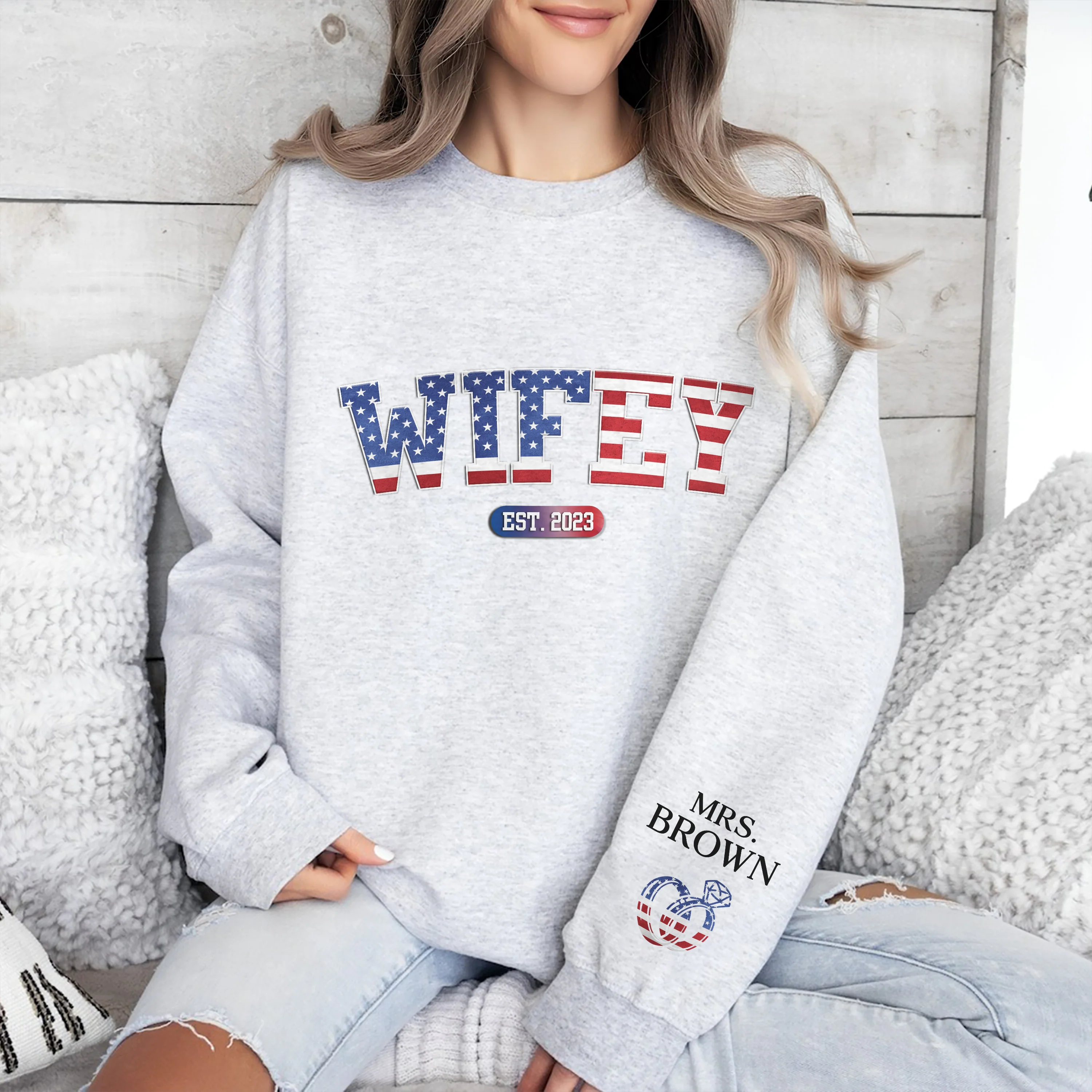 Custom Personalized Wifey Est Sweatshirt With Design On Sleeve Anniversary Gifts For Husband And Wife HA75 920340 - Image 2