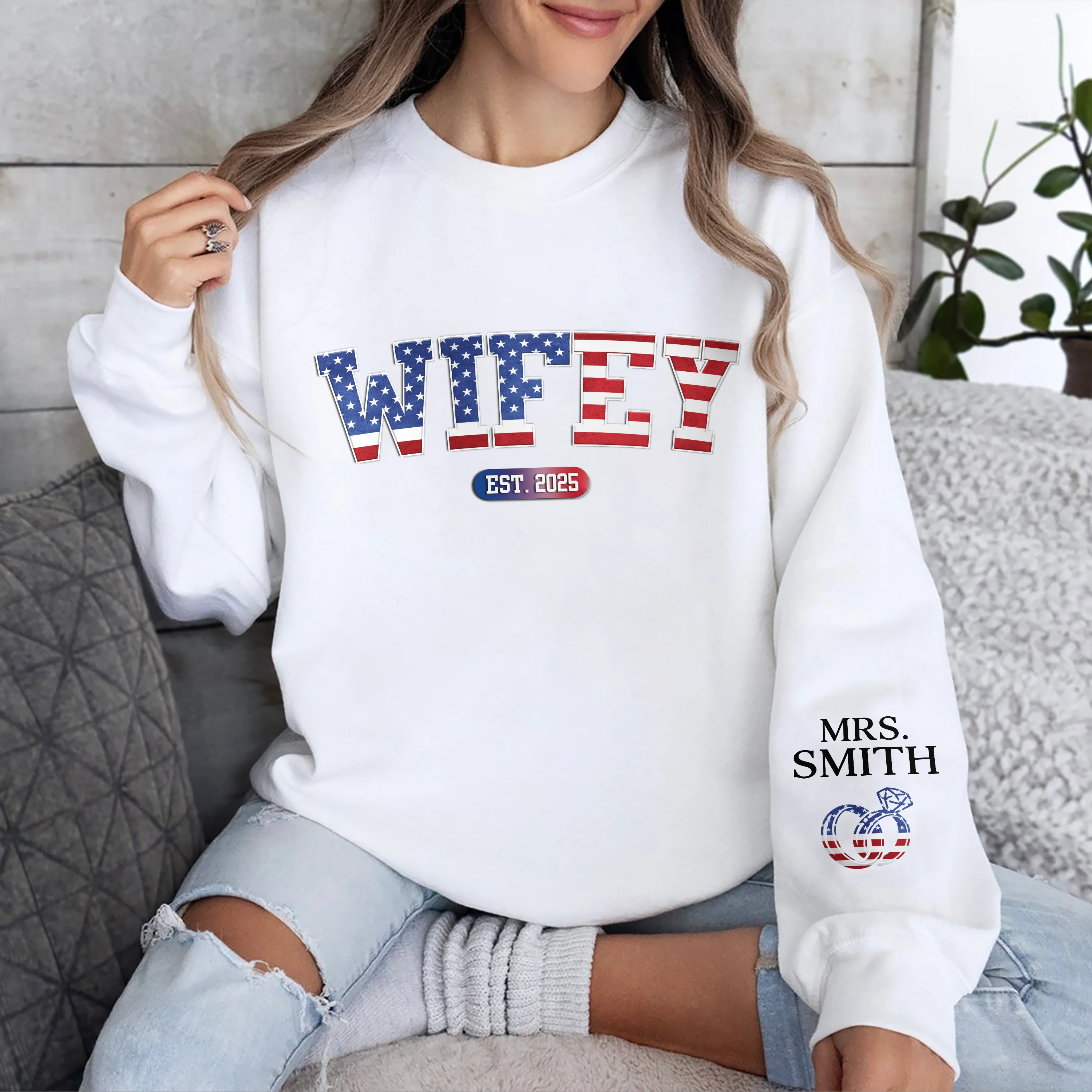 Custom Personalized Wifey Est Sweatshirt With Design On Sleeve Anniversary Gifts For Husband And Wife HA75 920340 - Image 4