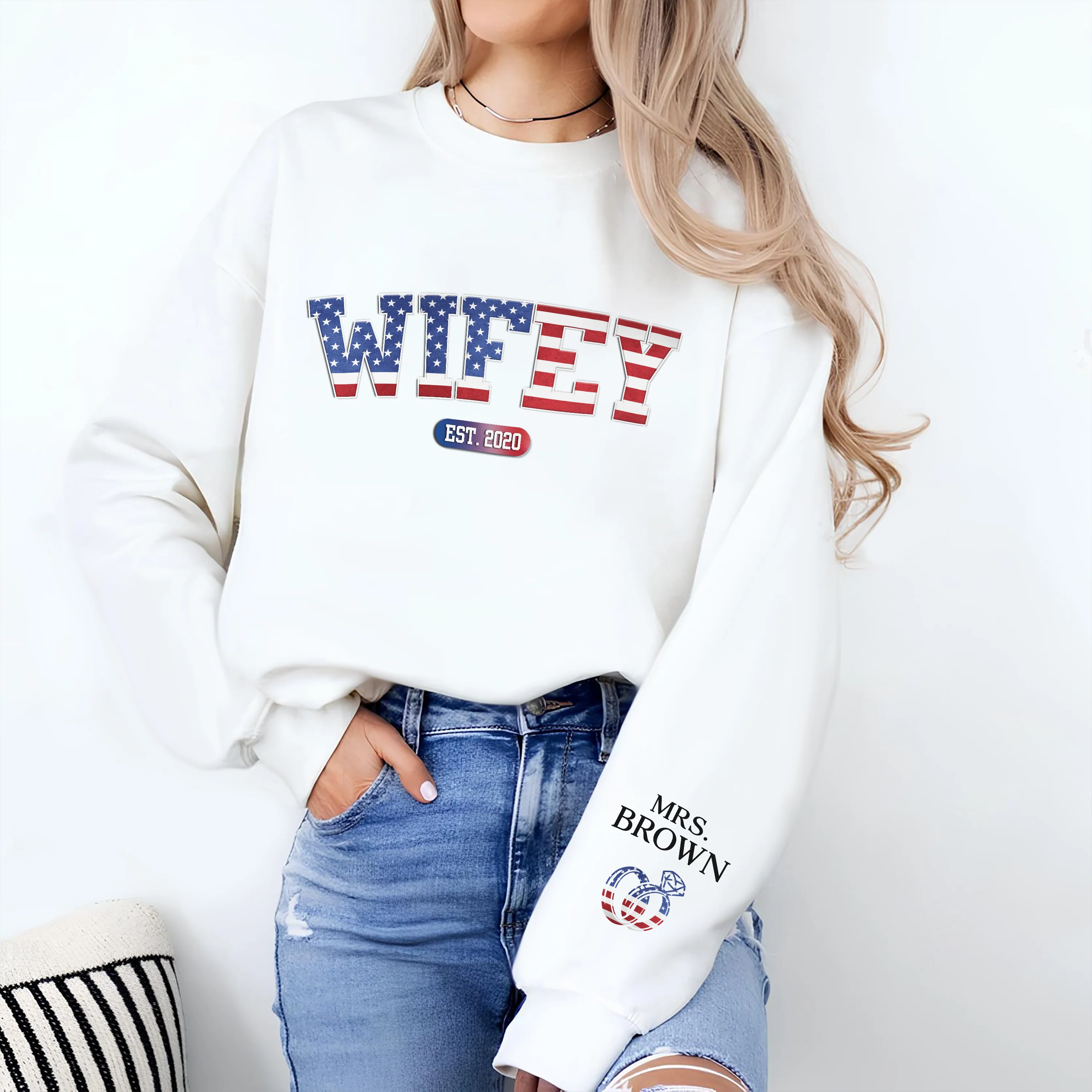 Custom Personalized Wifey Est Sweatshirt With Design On Sleeve Anniversary Gifts For Husband And Wife HA75 920340 - Image 6