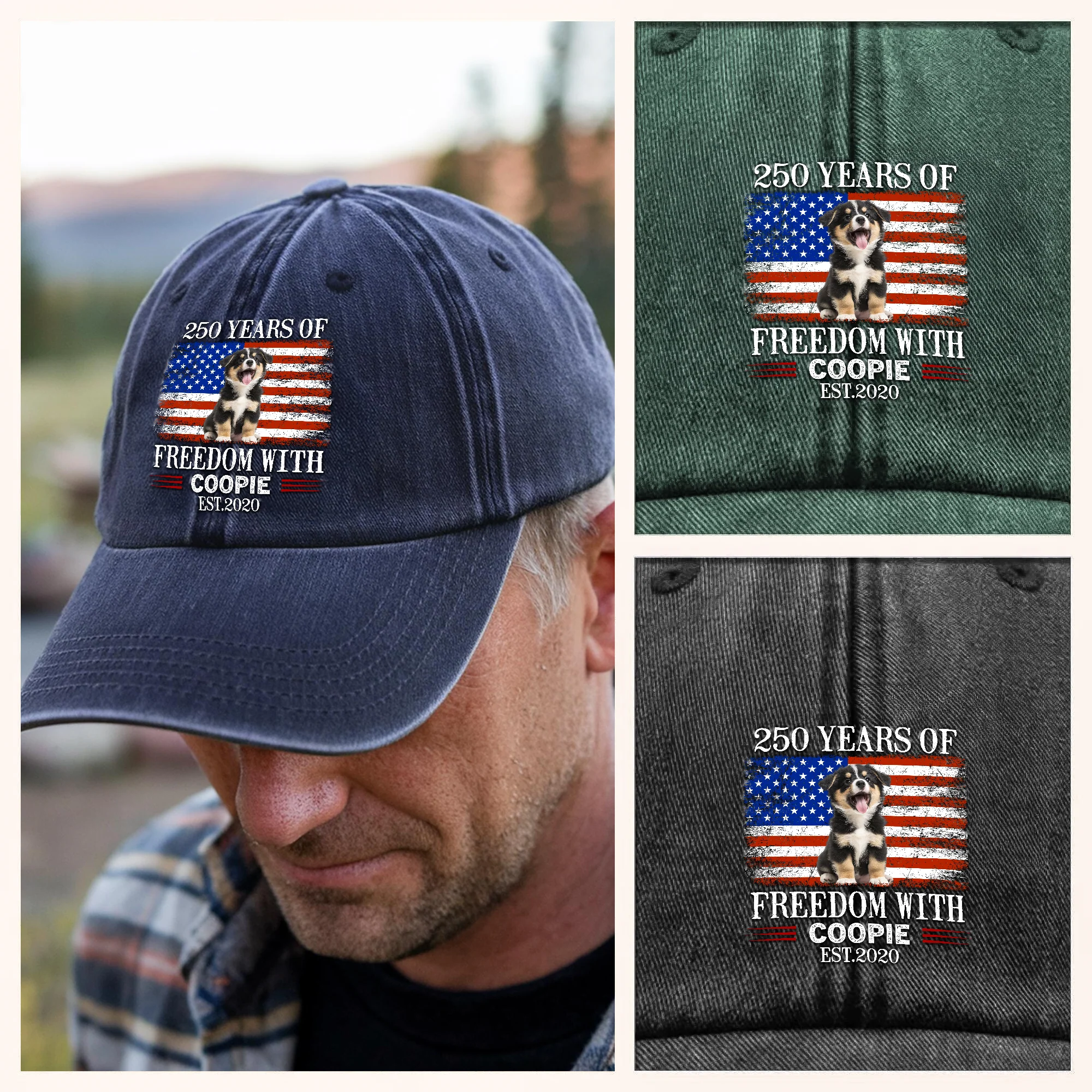 Custom Photo 250 Years Of Freedom With Dog Cat Pet Washed Denim Baseball Cap HA75 920100 - Image 3