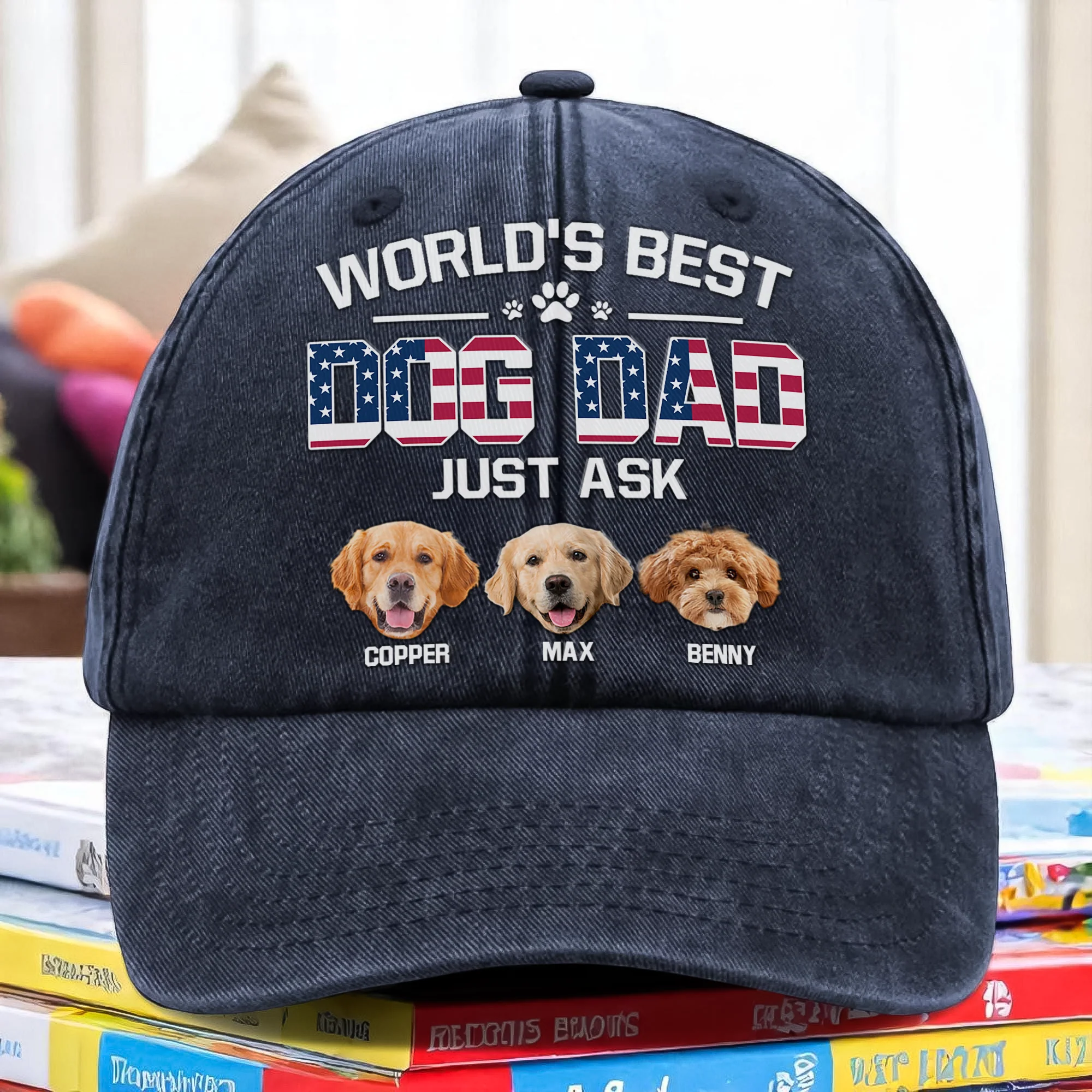 Custom Photo American Best Dog Dad Washed Denim Baseball Cap HA75 892498 - Image 2