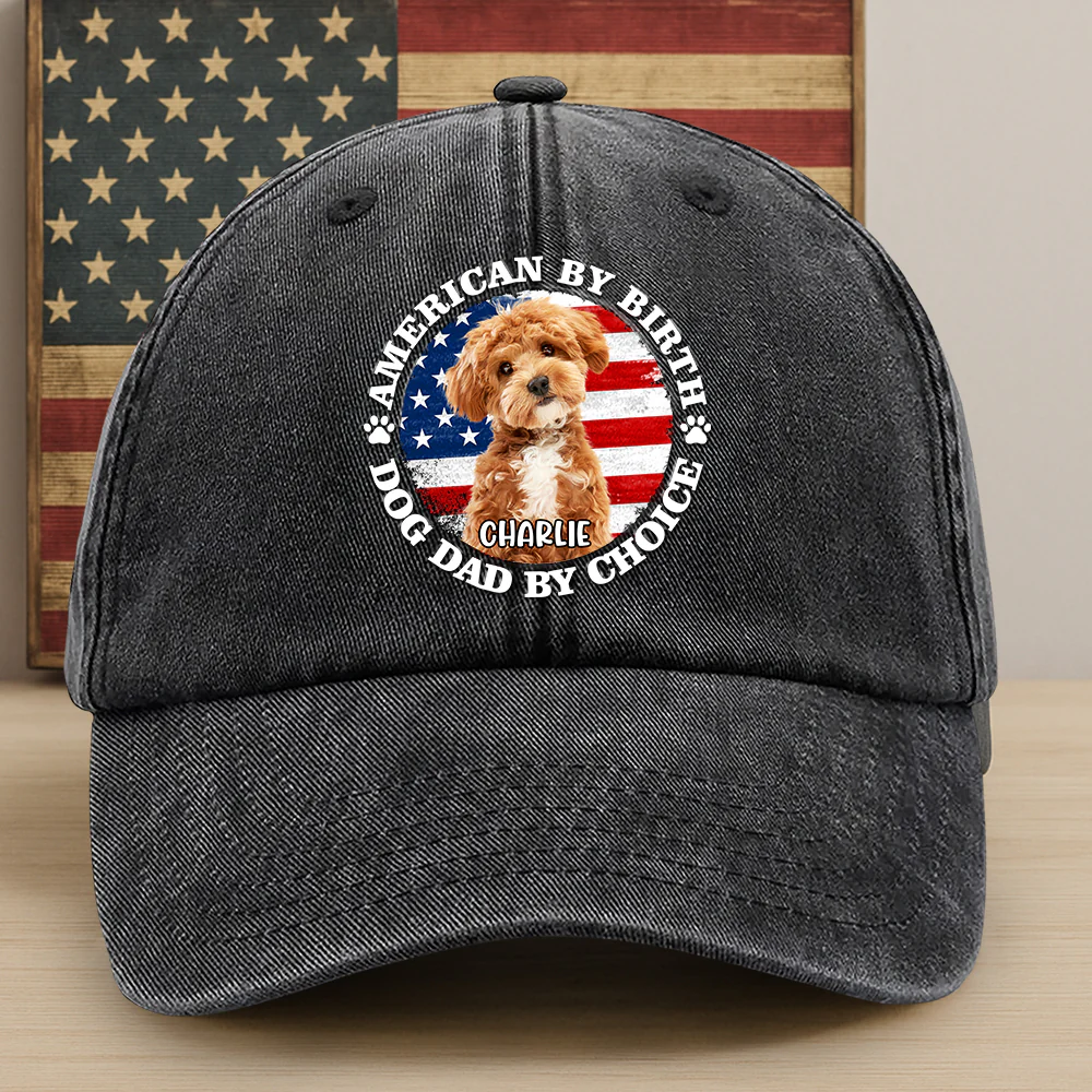 Custom Photo American By Birth, Dog Mom By Choice Washed Denim Baseball Cap HA75 892536 - Image 2