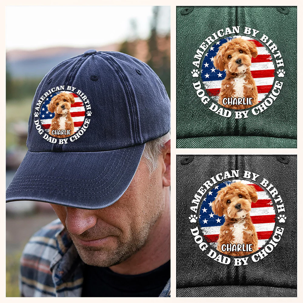 Custom Photo American By Birth, Dog Mom By Choice Washed Denim Baseball Cap HA75 892536 - Image 5