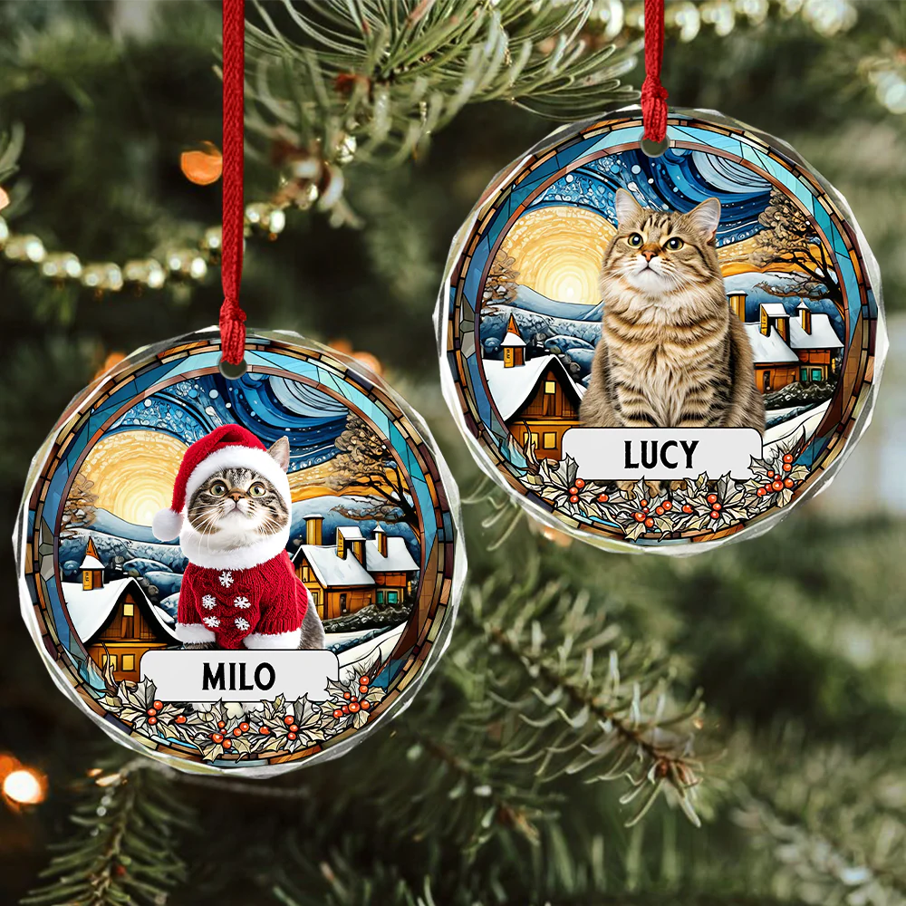 Custom Photo and Name Christmas Cat Circle Glass Ornament HA75 897244 - Image 4