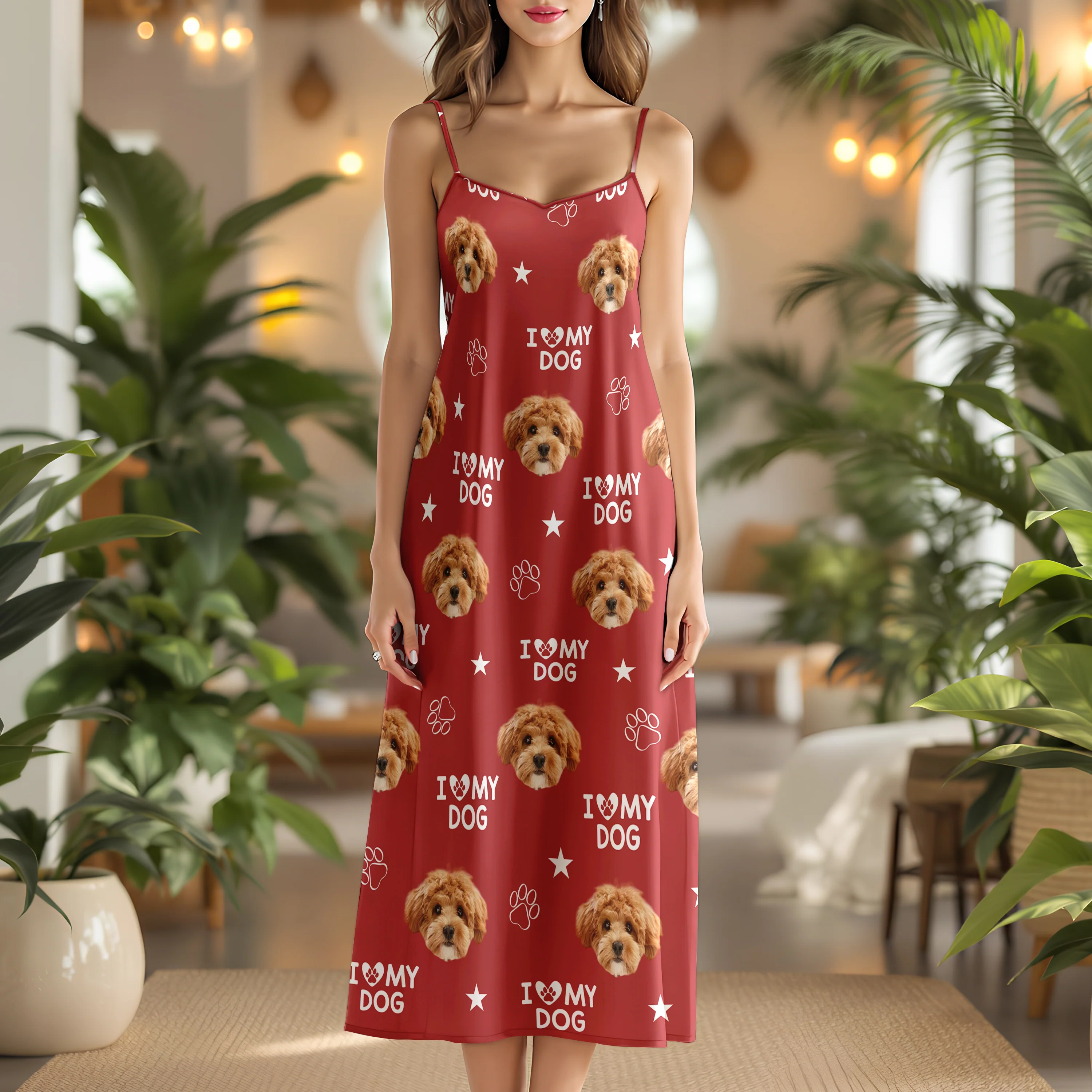 Custom Photo and Name I Love My Dog V-Neck Cami Maxi Dress HA75 892146
